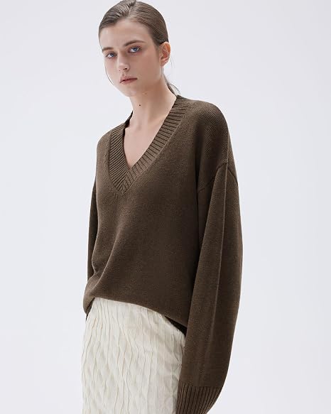 Women Cashmere Blend V‑Neck Oversized Sweater