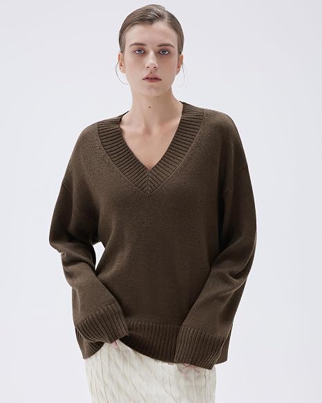 Women Cashmere Blend V‑Neck Oversized Sweater